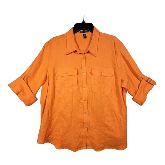 Lauren by Ralph Lauren Tops - Lauren Ralph Lauren Shirt Womens Sz Small Orange 100% Linen Roll Tab Long Sleeve